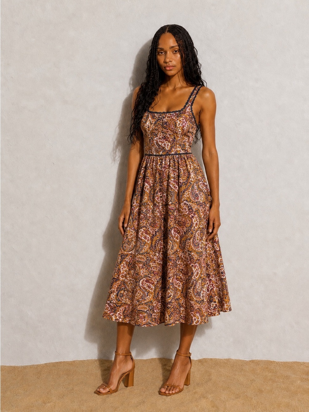 WAYF Paisley Lace Trim Midi Dress | Cotton Blend | Fully Lined